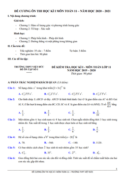 đề cương ôn thi học kì 1 toán 11 năm 2020 – 2021 trường thpt việt đức – hà nội