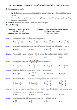 đề cương ôn thi học kì 1 toán 11 năm 2021 – 2022 trường thpt việt đức – hà nội