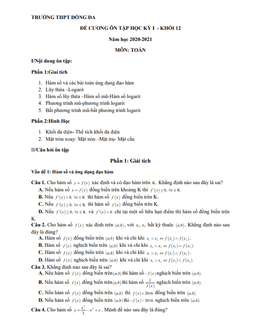 đề cương ôn thi học kỳ 1 toán 12 năm 2020 – 2021 trường thpt đống đa – hà nội