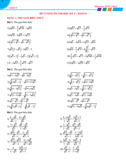 đề cương ôn thi học kỳ 1 toán 9 năm học 2022 – 2023