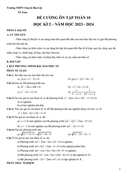 đề cương toán 10 học kì 2 năm 2023 – 2024 trường thpt chuyên bảo lộc – lâm đồng