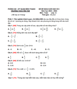 đề đề nghị cuối kì 2 toán 6 năm 2022 – 2023 trường thcs yên thế – tp hcm