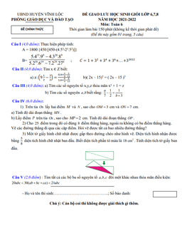 đề giao lưu hsg toán 6 năm 2021 – 2022 phòng gd&đt vĩnh lộc – thanh hóa