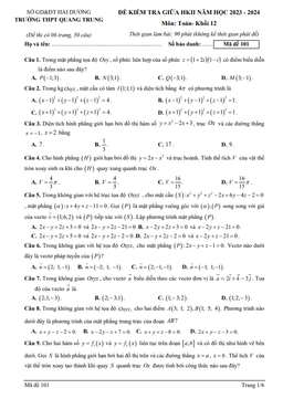 đề giữa hk2 toán 12 năm 2023 – 2024 trường thpt quang trung – hải dương