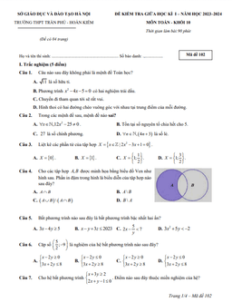 đề giữa học kì 1 toán 10 năm 2023 – 2024 trường thpt trần phú – hà nội