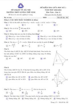đề giữa học kì 1 toán 11 năm 2023 – 2024 trường lương thế vinh – hà nội