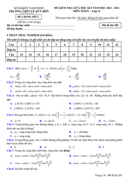 đề giữa học kì 1 toán 11 năm 2023 – 2024 trường thpt lê quý đôn – nam định