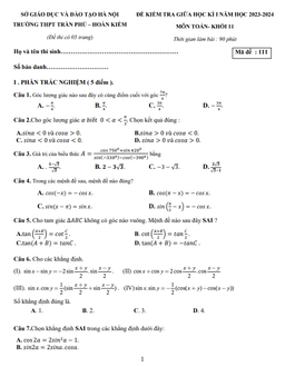 đề giữa học kì 1 toán 11 năm 2023 – 2024 trường thpt trần phú – hà nội