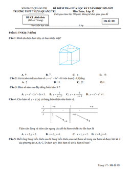 đề giữa học kì 1 toán 12 năm 2021 – 2022 trường thpt thị xã quảng trị