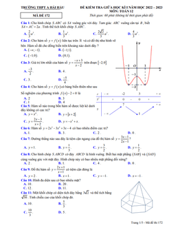 đề giữa học kì 1 toán 12 năm 2022 – 2023 trường thpt a hải hậu – nam định