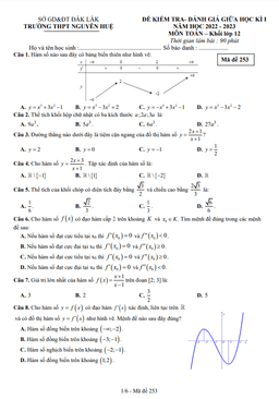 đề giữa học kì 1 toán 12 năm 2022 – 2023 trường thpt nguyễn huệ – đắk lắk