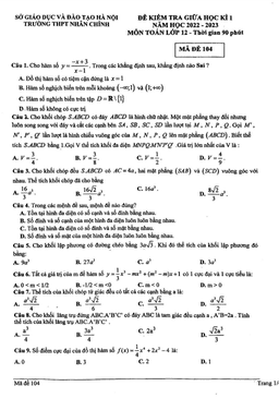 đề giữa học kì 1 toán 12 năm 2022 – 2023 trường thpt nhân chính – hà nội