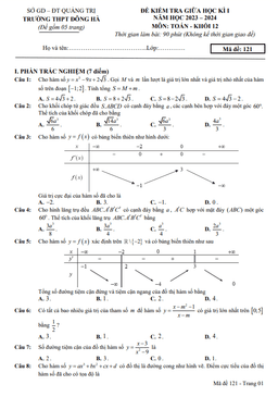 đề giữa học kì 1 toán 12 năm 2023 – 2024 trường thpt đông hà – quảng trị