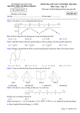 đề giữa học kì 1 toán 12 năm 2023 – 2024 trường thpt lê hồng phong – quảng nam