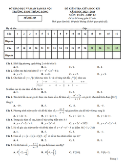 đề giữa học kì 1 toán 12 năm 2023 – 2024 trường thpt thăng long – hà nội