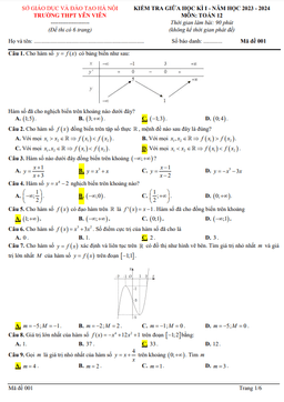 đề giữa học kì 1 toán 12 năm 2023 – 2024 trường thpt yên viên – hà nội