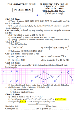 đề giữa học kì 1 toán 6 năm 2022 – 2023 phòng gd&đt bình giang – hải dương