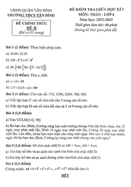 đề giữa học kì 1 toán 6 năm 2022 – 2023 trường thcs tân bình – tp hcm