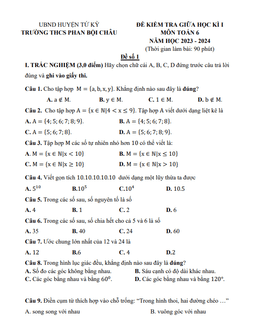 đề giữa học kì 1 toán 6 năm 2023 – 2024 trường thcs phan bội châu – hải dương