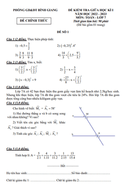 đề giữa học kì 1 toán 7 năm 2022 – 2023 phòng gd&đt bình giang – hải dương