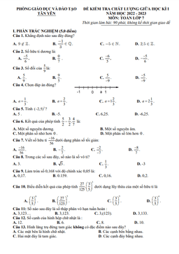 đề giữa học kì 1 toán 7 năm 2022 – 2023 phòng gd&đt tân yên – bắc giang