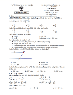 đề giữa học kì 1 toán 7 năm 2022 – 2023 trường th & thcs tây hà nội