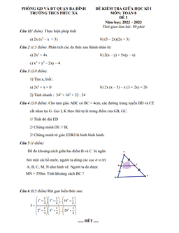 đề giữa học kì 1 toán 8 năm 2022 – 2023 trường thcs phúc xá – hà nội