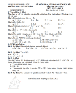 đề giữa học kì 1 toán 8 năm 2023 – 2024 trường thcs quảng thành – br vt