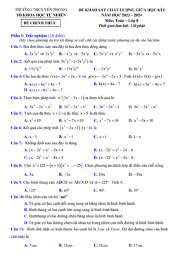đề giữa học kì 1 toán 8 năm 2023 – 2024 trường thcs yên phong – nam định
