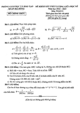 đề giữa học kì 1 toán 9 năm 2022 – 2023 phòng gd&đt hà đông – hà nội