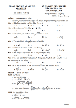 đề giữa học kì 1 toán 9 năm 2023 – 2024 phòng gd&đt giao thuỷ – nam định