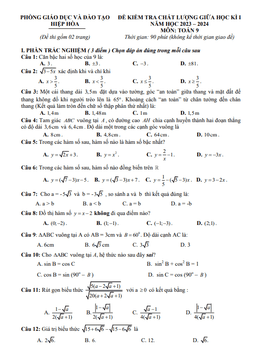 đề giữa học kì 1 toán 9 năm 2023 – 2024 phòng gd&đt hiệp hòa – bắc giang