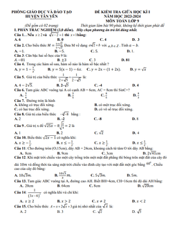 đề giữa học kì 1 toán 9 năm 2023 – 2024 phòng gd&đt tân yên – bắc giang