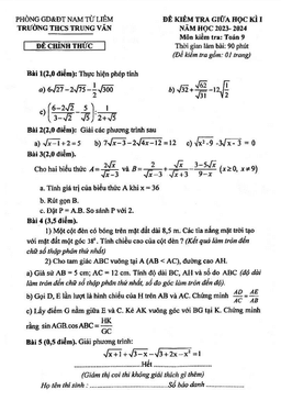 đề giữa học kì 1 toán 9 năm 2023 – 2024 trường thcs trung văn – hà nội