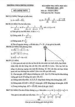 đề giữa học kì 1 toán 9 năm 2023 – 2024 trường thcs trưng vương – hà nội