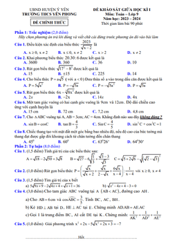 đề giữa học kì 1 toán 9 năm 2023 – 2024 trường thcs yên phong – nam định