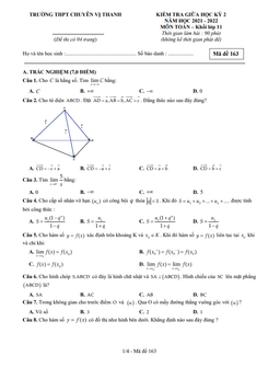 đề giữa học kì 2 toán 11 năm 2021 – 2022 trường chuyên vị thanh – hậu giang