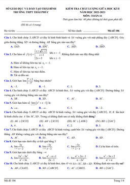 đề giữa học kì 2 toán 11 năm 2022 – 2023 trường thpt thái phúc – thái bình