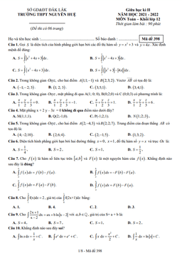 đề giữa học kì 2 toán 12 năm 2021 – 2022 trường thpt nguyễn huệ – đắk lắk