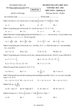 đề giữa học kì 2 toán 12 năm 2022 – 2023 trường thpt nguyễn huệ – đắk lắk