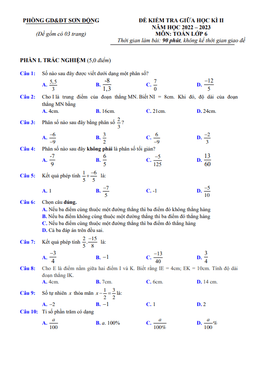 đề giữa học kì 2 toán 6 năm 2022 – 2023 phòng gd&đt sơn động – bắc giang