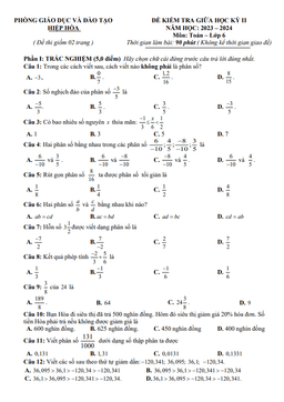 đề giữa học kì 2 toán 6 năm 2023 – 2024 phòng gd&đt hiệp hòa – bắc giang