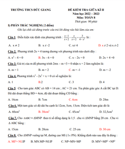 đề giữa học kì 2 toán 8 năm 2022 – 2023 trường thcs đức giang – hà nội