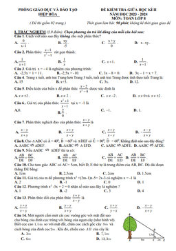 đề giữa học kì 2 toán 8 năm 2023 – 2024 phòng gd&đt hiệp hòa – bắc giang