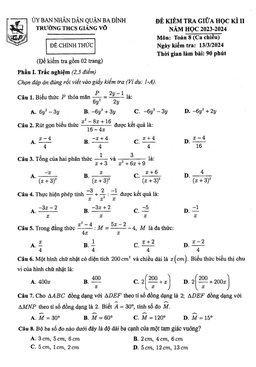 đề giữa học kì 2 toán 8 năm 2023 – 2024 trường thcs giảng võ – hà nội