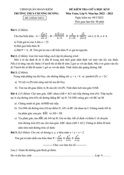 đề giữa học kì 2 toán 9 năm 2022 – 2023 trường thcs chương dương – hà nội