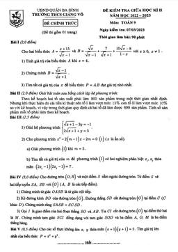 đề giữa học kì 2 toán 9 năm 2022 – 2023 trường thcs giảng võ – hà nội