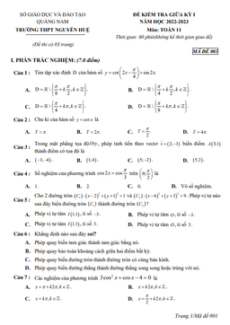 đề giữa học kỳ 1 toán 11 năm 2022 – 2023 trường thpt nguyễn huệ – quảng nam