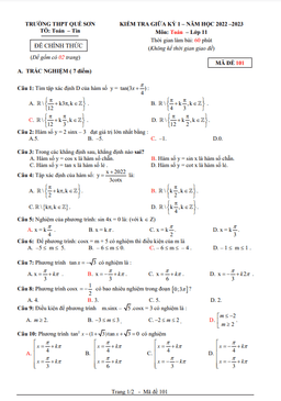 đề giữa học kỳ 1 toán 11 năm 2022 – 2023 trường thpt quế sơn – quảng nam