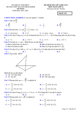 đề giữa học kỳ 1 toán 11 năm 2023 – 2024 trường thpt nguyễn bỉnh khiêm – br vt
